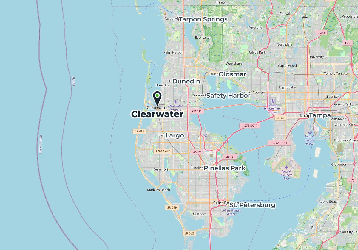 Map of the Express Air Duct Cleaning service area around Clearwater, FL