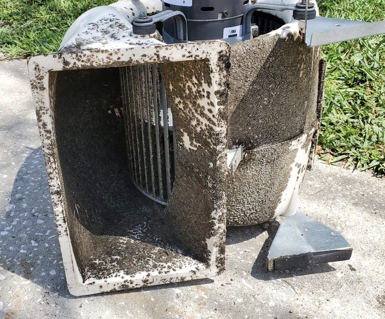 HVAC blower housing caked with dust, removed for cleaning